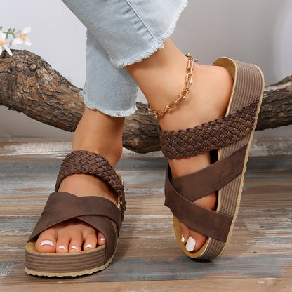 Woven Cross-strap Slippers Summer Platform Sandals Women Flat Beach Shoes