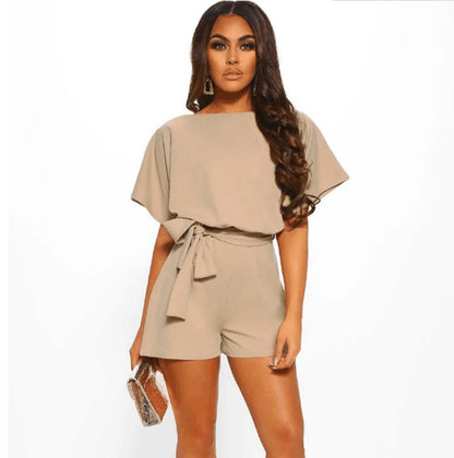 Fashion Solid Color Short-sleeved Jumpsuit with Belt