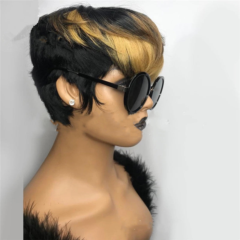 Wig Female Black Plus Golden Yellow Diagonal Bangs Short Hair Fluffy Short Straight Hair