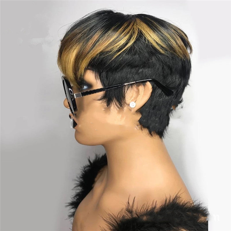 Wig Female Black Plus Golden Yellow Diagonal Bangs Short Hair Fluffy Short Straight Hair