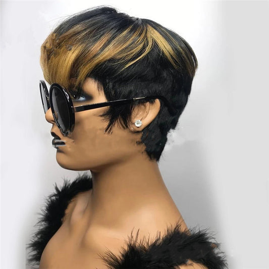 Wig Female Black Plus Golden Yellow Diagonal Bangs Short Hair Fluffy Short Straight Hair