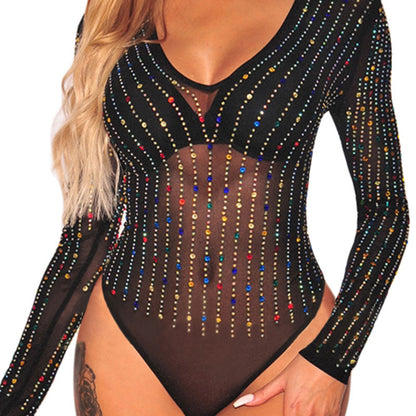 Black Mesh Rainbow Rainbow Color Crystal Embellished Jumpsuit