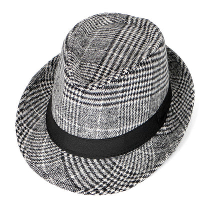 Autumn And Winter New Woolen Cloth Men's Top Hat Men's British Retro Fashion Plaid Fedora Hat