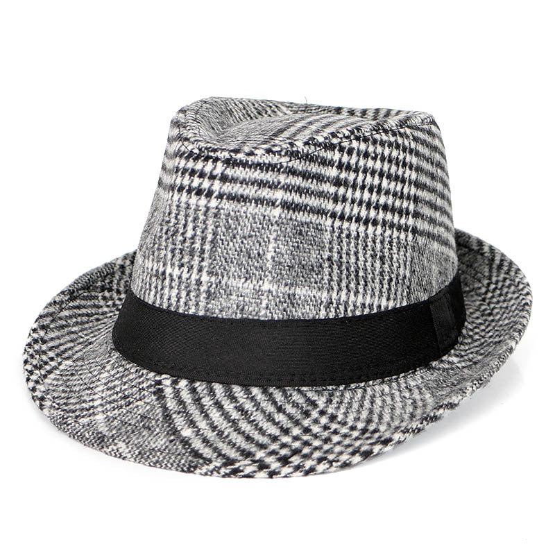 Autumn And Winter New Woolen Cloth Men's Top Hat Men's British Retro Fashion Plaid Fedora Hat