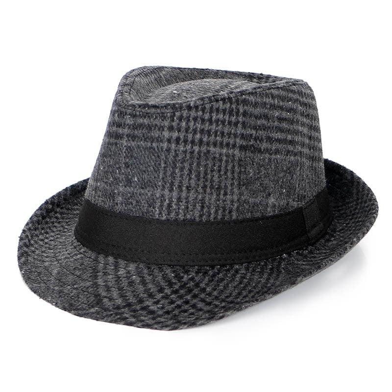 Autumn And Winter New Woolen Cloth Men's Top Hat Men's British Retro Fashion Plaid Fedora Hat