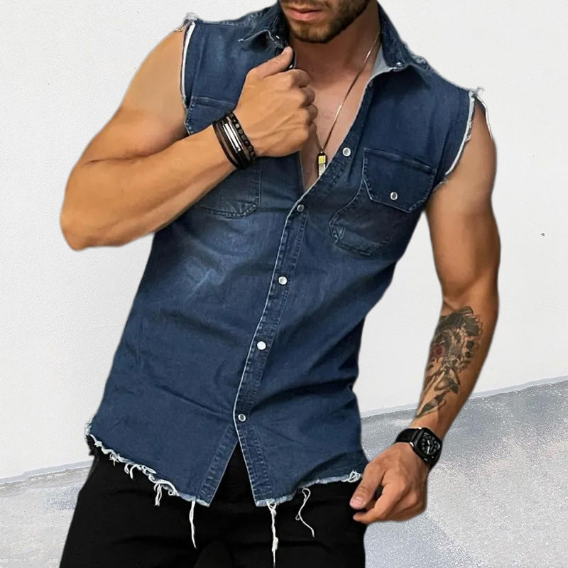 European And American Fashion Casual Polo Collar Sleeveless Button Denim Jacket Vest