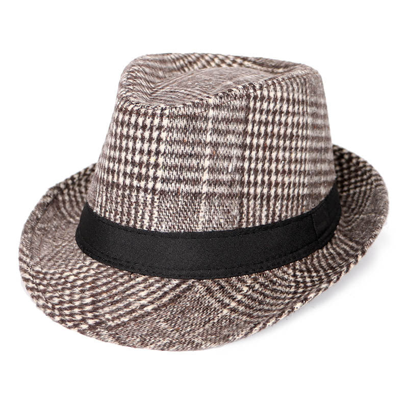 Autumn And Winter New Woolen Cloth Men's Top Hat Men's British Retro Fashion Plaid Fedora Hat