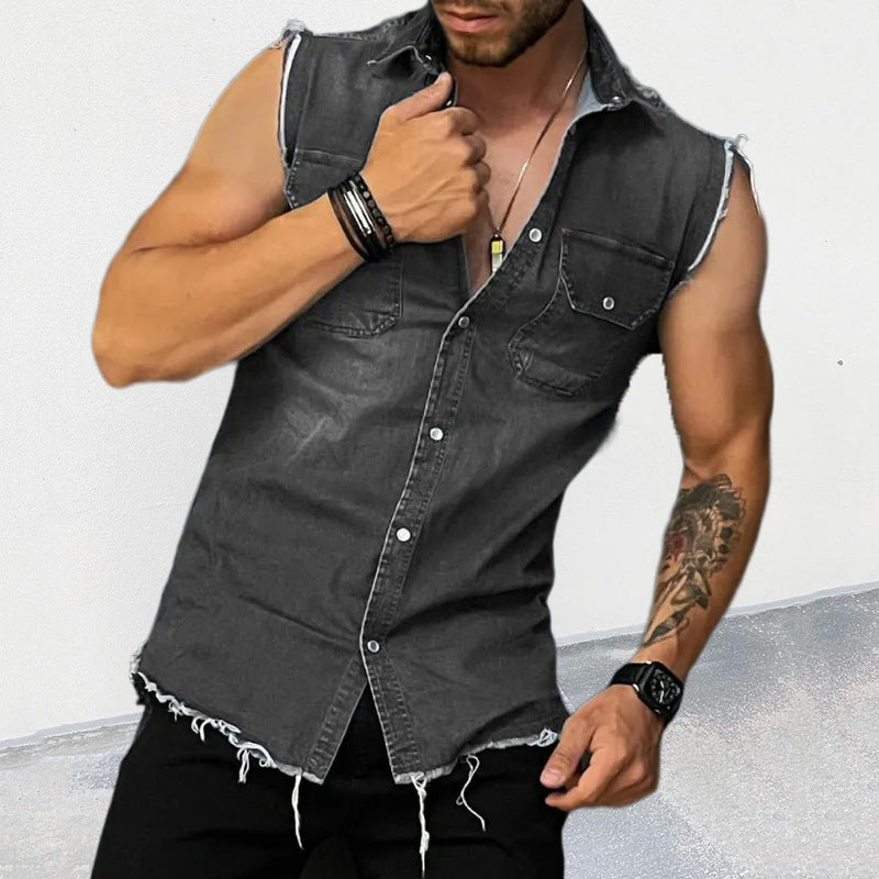 European And American Fashion Casual Polo Collar Sleeveless Button Denim Jacket Vest